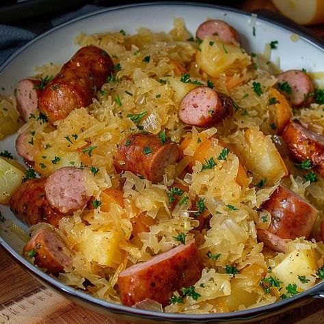 Polish sausage, Sauerkraut and potatoes ( CROCKPOT ) Sausage Sauerkraut Potatoes Crockpot, Sourcrout Recipes Dinners, Polish Sausage Sauerkraut And Potatoes, Potatoes And Sauerkraut, Sauerkraut And Potatoes, Aidells Sausage, Lemon Lush Recipe, Sausage And Sauerkraut, Ww 2024