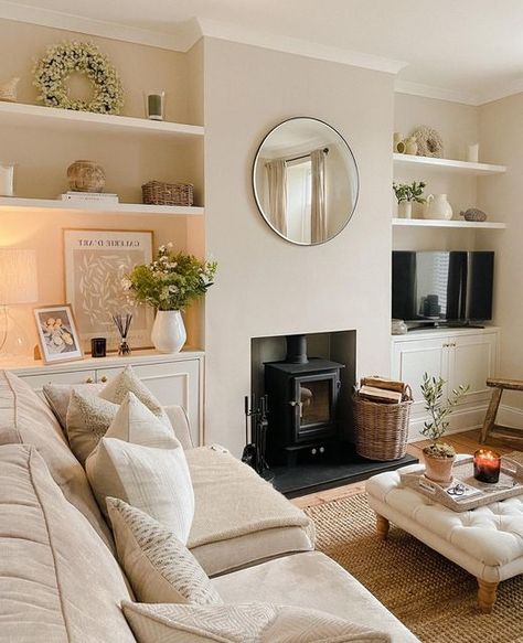 Alcove Ideas Living Room, Log Burner Living Room, Lounge Room Styling, Built In Shelves Living Room, New House Living Room, Victorian Living Room, Living Room Renovation, School Tomorrow, Cosy Living