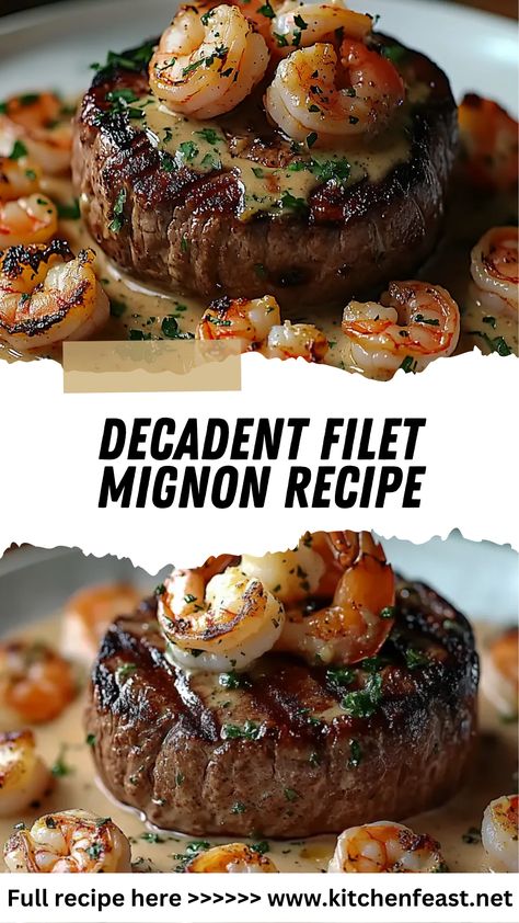 This filet mignon recipe with a rich shrimp and lobster cream sauce is an impressive surf-and-turf dish that’s easy to make for any special dinner! Surf And Turf Recipes, Shrimp And Scallop Recipes, Filet Mignon Recipe, Lobster Cream Sauce, Filet Mignon Recipes, Garlic Steak, Delicious Dinner Ideas, Steak And Shrimp