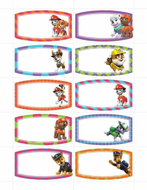 Paw Patrol Name Tags Free Printable, Paw Patrol Names, Birthday Paw Patrol, Paw Patrol Birthday Decorations, School Stickers Labels, Sky Paw Patrol, School Name Labels, Name Tag For School, Handmade Bookmarks Diy