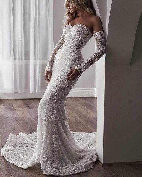 2024 New Mermaid Gown Wedding Dresses Flower Appliques Strapless Lace Bridal Gowns Big Size Vestidos White Silk Long Sleeve Wedding Dress, Classy Wedding Photography, Civil Marriage Dress, Body Con Wedding Dress, 2025 Wedding Dresses, Blanche Bridal, Aesthetic Wedding Dress, Holy Matrimony, Classy Wedding Dress