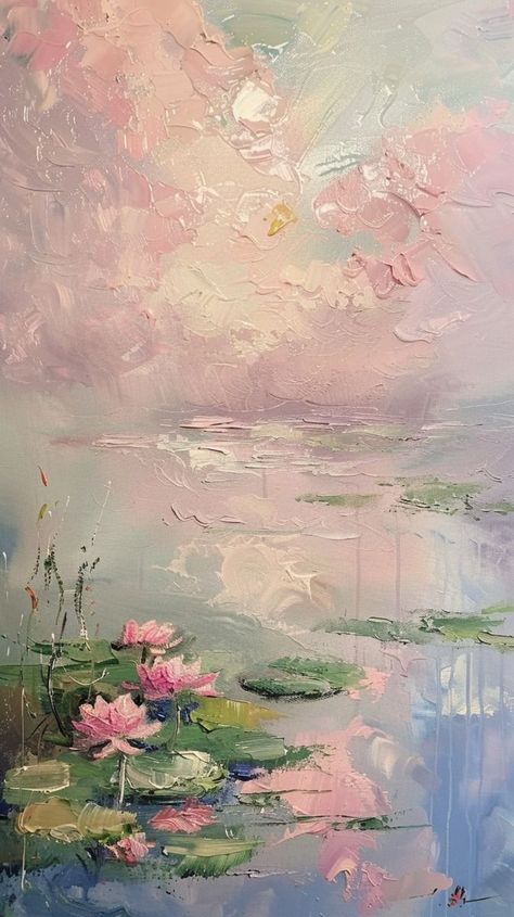 Pink Monet Painting, Monet Styled Paintings, Lotus Wallpaper Backgrounds, Nature Aesthetic Painting, Monet Art Aesthetic, Girly Painting Ideas, Monet Inspired Art, Lotus In Pond, Aesthetic Pond