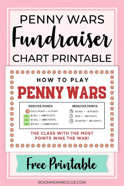 Putting on a penny wars fundraiser just got a little easier for your PTO/PTA! Learn the rules of the game, create a custom fundraiser flyer, get printable rule charts, advice on jars and containers for the coins, bulletin board ideas, and so much more! Learn more at roommomrescue.com #pennywarsideas #pennywarsfundraiser #pennywarsfundraiserrules Coin Wars Fundraiser, Penny Wars Jars Ideas, Penny Wars Fundraiser Flyer, Penny Wars Fundraiser, Fundraising Goal Chart, Penny Wars, Ptso Ideas, Football Fundraiser, Fundraiser Baskets