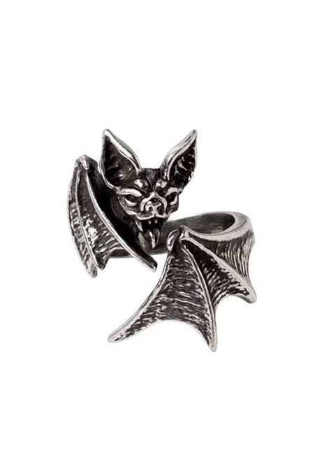 A sinister, vampiric creature, thirsting for unsuspecting prey to carelessly cross their path. Pay homage to the creature of the night with this antiqued pewter statement ring.      Pewter    Bat wrap ring    Adjustable Monster Ring, Strange Rings, Alchemy Jewelry, Bat Ring, Pewter Ring, Alchemy Gothic, Gothic Chokers, Moda Retro, Gothic Accessories