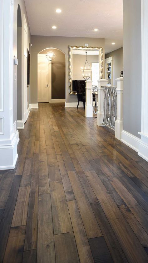 Rustic Living Room Flooring, Industrial Farmhouse Flooring, Farmhouse Lvp Flooring Ideas, Wood Floor House Interior Design, Western Flooring Ideas, Vynil Wood Flooring, Main Floor Flooring Ideas, Black Vinyl Plank Flooring, Darker Wood Floors