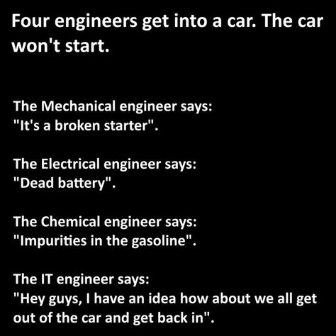 'Hahaha!I wonder what would the Computer Engineer will say about the situation.' Engineering Quotes, Programming Humor, Engineering Memes, Nerd Jokes, Engineering Humor, Programmer Humor, Science Quotes, Student Humor, Nerd Humor