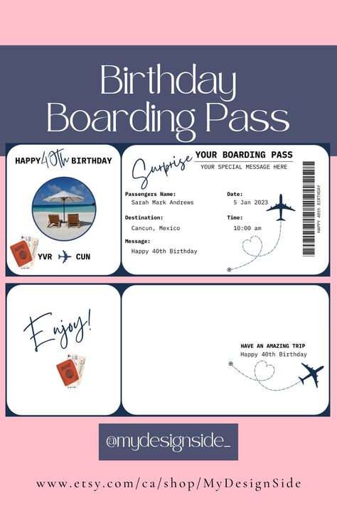 EDITABLE Boarding Ticket Template | Birthday Boarding Pass | Plane Ticket | Airline Pass | Flight Gift | Holiday Destination | Fake Ticket Happy 40th Birthday Messages, Free Printable Tickets, 40th Birthday Messages, Fake Ticket, Fake Plane Ticket, Boarding Ticket, Printable Tickets, Template Birthday, Plane Ticket