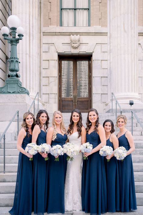 Navy Blue Bridal Party, Navy Bridal Party, Navy Bridal Parties, Periwinkle Wedding, Navy Wedding Colors, Ivory Wedding Gown, Jewish Wedding Ceremony, Annapolis Wedding, White Bridesmaid