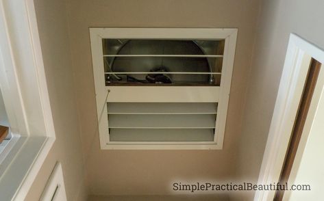 DIY Whole House Fan | Simple Practical Beautiful House Vents, House Attic, Fan Diy, Window Fan, Whole House Fans, Whole House Fan, Summer Energy, Diy Shutters, Attic Fan