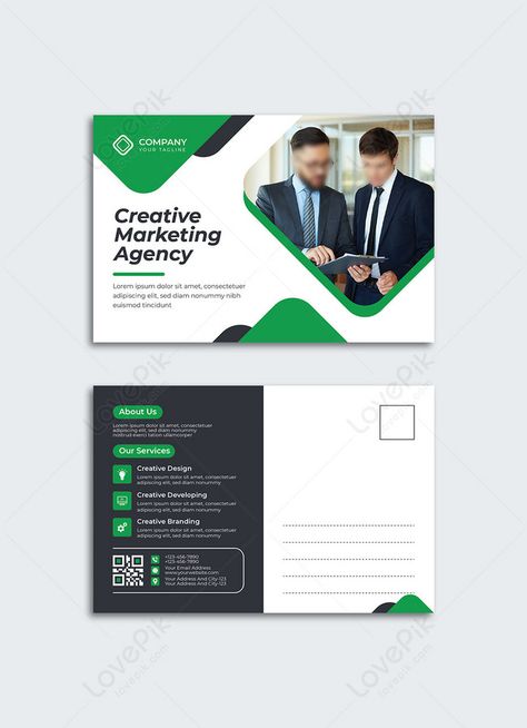 green creative marketing agency business postcard Marketing Postcard Design, Partnership Announcement Design, Post Card Design Creative, Postcard Design Marketing, Business Postcard Design, Postcard Design Inspiration, Postcard Marketing, Branding Collateral, Mail Inspiration