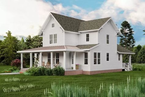 A metal shed roof extends over the front porch on this 4-bed farmhouse design. Above it, a gable with bracketed eaves adds to the curb appeal of this house plan available exclusively at Architectural Designs. The front porch wraps around the living room from the front door to the dining room and, at 8'4"-deep, has room for rocking chairs. A main floor master suite is a nice convenience, as is access to the laundry room from the walk-in closet. A fireplace anchors the living room which is at the Farmhouse Blueprints Wrap Around Porch, Vintage Farmhouse Floor Plans, Farmhouse With Addition, Playroom Floor Plan, Old Farmhouse Floor Plans, Old Farmhouse Plans, Classic Farmhouse Plans, 2 Story Farmhouse Plans, Upstairs Playroom