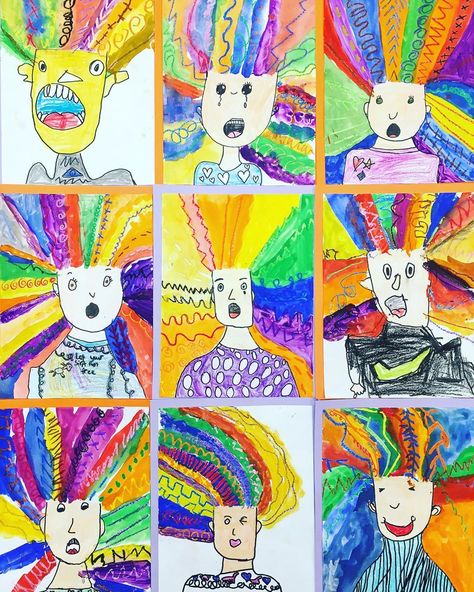 Miss Blomgren on Instagram: “CrAzY HaIr SeLf-PoRtRaIts by my 1st graders! This @artwithmrs.e lesson is always a hit!🙌🏻 . . #firstgradeart #firstgrade #firstgradeteacher…” Kindergarten Self Portrait Art Project, 2nd Grade Self Portraits, Kindergarten Self Portraits, Grade 1 Art, Clay Projects For Kids, Self Portrait Drawing, First Grade Art, Childrens Art Projects, Self Portrait Art