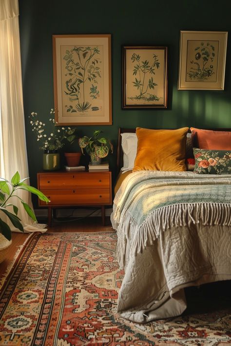 Apartment Decorating Sage Green, Ideas For Green Bedroom, Moody Eccentric Bedroom, Dark Green Brown Bedroom, Forest Green And Mustard Bedroom, Desk In Master Bed, Bedroom Ideas Orange And Green, Dark Green Accent Wall Bedroom Boho, Arts And Crafts Bedroom Design