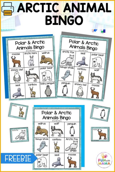 Free polar and arctic animal bingo game Polar Animal Art Preschool, Pre K Artic Animals, Artic Animal Activities For Kindergarten, Artic Animals For Preschoolers, Arctic Animal Movement Cards Free, Arctic Animals Preschool Activities Free, Polar Animal Math Activities Preschool, Artic Animals Kindergarten Activities, Arctic Animal Fine Motor Activities