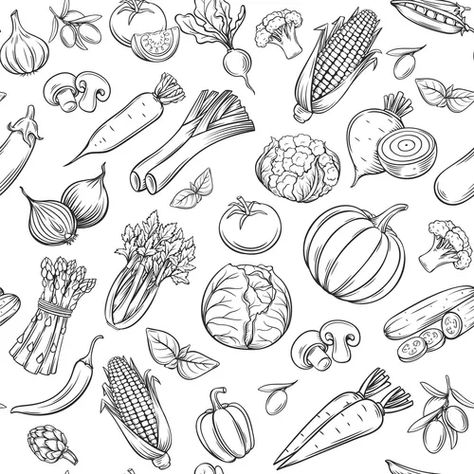 Drawing Vegetables, Fruit Sketch, Vegetable Drawing, Recipe Book Design, Vegetable Illustration, Food Doodles, 귀여운 음식 그림, Food Sketch, Doodle Icon