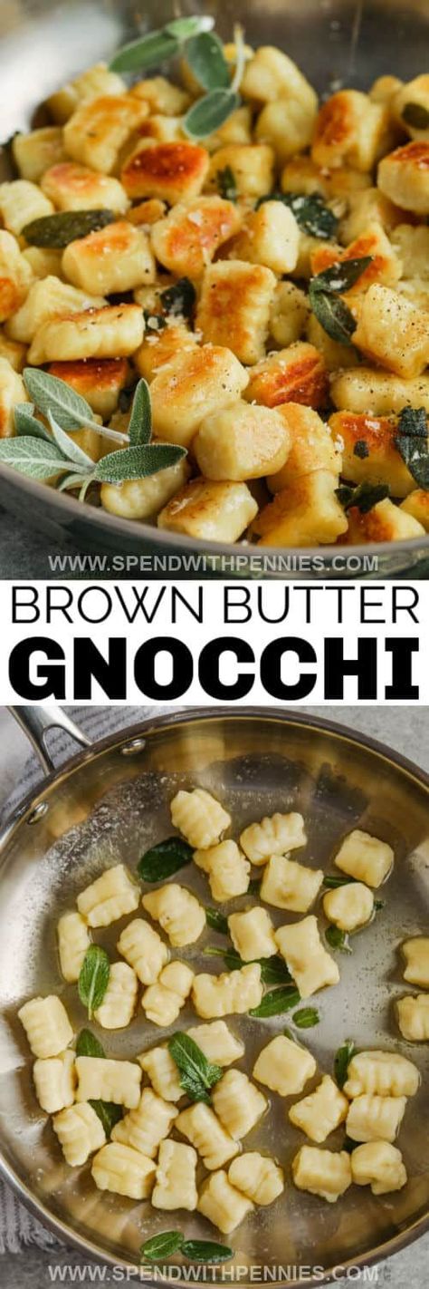 Brown Butter Sage Gnocchi is so filling & flavorful! Just a few ingredients and a crowd-pleasing dish is made - a little butter, sage, gnocchi, and some parmesan cheese. Make a homemade version of the gnocchi and experiment by making it with sweet potatoes, butternut squash, or ricotta cheese. #brownbuttersagegnocchi #gnocchi #gnocchirecipe #spendwithpennies How To Cook Gnocchi, Ricotta Gnocchi, Chicken Gnocchi, Weekday Dinner, Baked Gnocchi, Gnocchi Soup, Chicken Gnocchi Soup, Homemade Gnocchi, Creamy Tomato Sauce