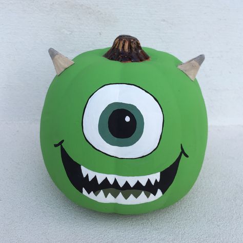 Mike Wazowski inspired hand painted pumpkin. Mike Wazowski Pumpkin Painting, Mike Wazowski Pumpkin, Pumpkin Inspo, Painting Themes, Decorate Pumpkins, Pumpkin Painted, Creative Pumpkin Painting, Hand Painted Pumpkin, Pumpkin Carving Ideas