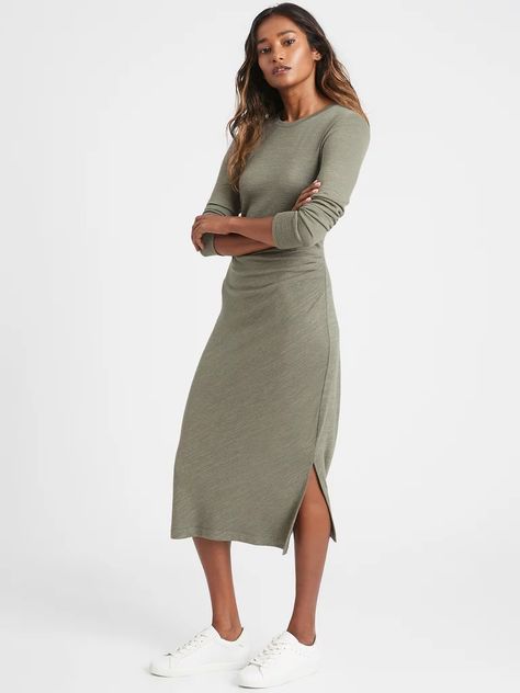 Banana Republic Luxespun Side-Ruched Dress Best Work Pants, Chocolate Clothes, Banana Republic Style, Below The Knee Dresses, Travel Dress, Dress Images, Triple Threat, Khaki Dress, Midi Shirt Dress