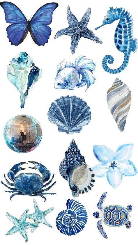 Sea Life Mood Board, Ocean Stickers Printable, Blue Shell, Sea Collage, Ocean Collage, Beach Collage, Sea Life, Mood Board, Phone Wallpaper