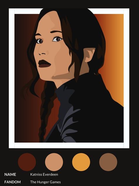 Hunger Games Color Palette, Flat Portrait, The Hunger Games Katniss, Art Color Palette, The Mockingjay, Hunger Games Katniss, Flat Art, Illustration Flat, Polaroid Poster