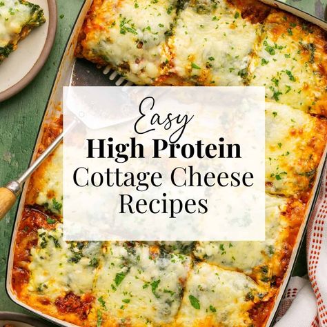 Easy high protein cottage cheese recipes photo label with lasagna in the background. Lasagna Cottage Cheese Recipe, Macro Lasagna, High Protein Pasta Bake, Cottage Cheese Dinner Ideas, High Protein Meals With Cottage Cheese, Healthy Recipes With Cottage Cheese, Lasagna Cottage Cheese, Protein Lasagna Recipe, Cottage Cheese Meals