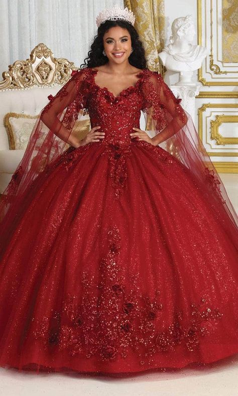 May Queen LK214 - Cape Sleeve Embroidered Ballgown Quinceanera Dresses Red Dress Quince, Embellishment Embroidery, Red Quince, Sheer Cape, Ball Dance, Red Quinceanera Dresses, May Queen, Voluminous Skirt, Quince Ideas