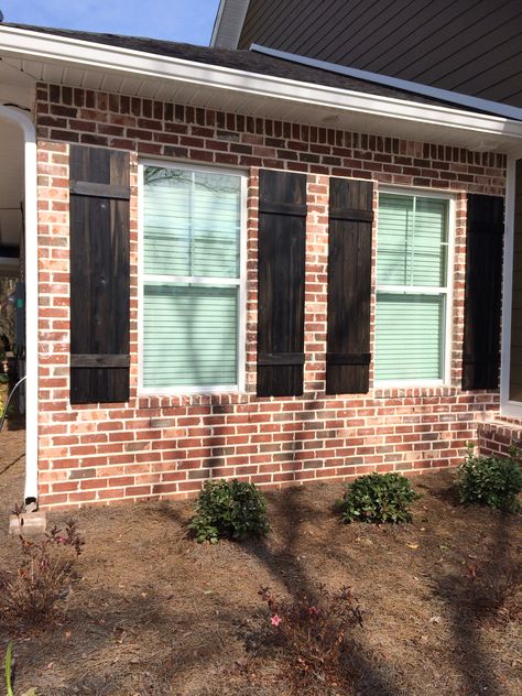 Handmade black stained shutters Black Stained Shutters, Stained Shutters, Black Shutters, Light Brick, Outdoor House, Shutters Exterior, Old Bricks, Black Stains, Humble Abode