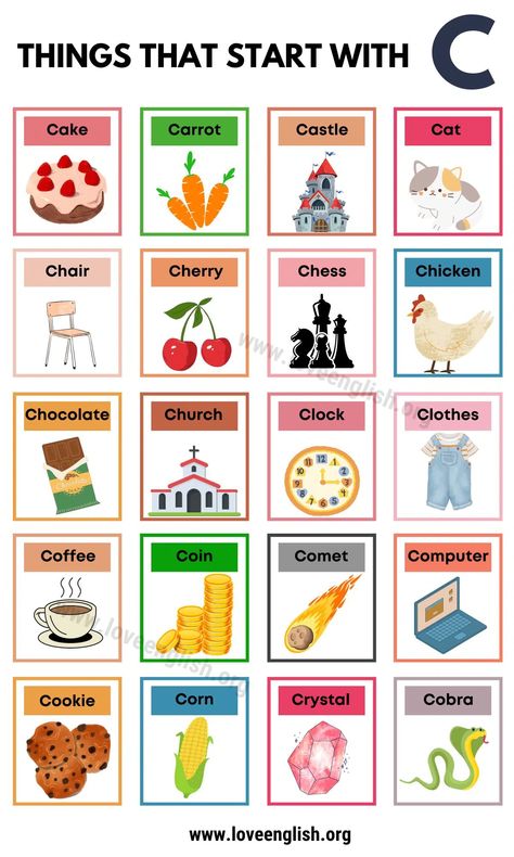 115 Best Things That Start With C In English: Crazy Collection - Love English Things That Start With A, C Is For, C Words, Summer Alphabet, Chores Chart, Expand Your Vocabulary, English Learning Books, English Phonics, Speaking Activities