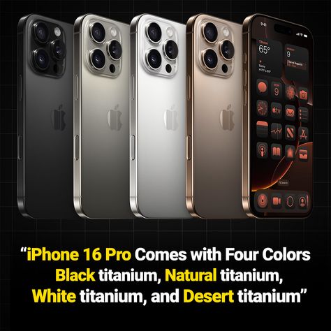 iPhone 16 Pro is available in four colors: black titanium, natural titanium, white titanium, and desert titanium.
#iphone16 #iphone16pro #iphonecolors #iphone #iphone16procolors Iphone Colors, Titanium White, Latest Mobile, Mobile Technology, Iphone 16 Pro, Iphone 16, The Future, Instagram Profile, Smartphone