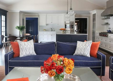 Blue Linen Sofa with Orange Pillows - Contemporary - Living Room #decoratewithblueandorange #decoratewithblueandorangeaccents #blueandorangedecor #blueandorangerooms #blueandorangelivingroom Navy And Orange Living Room, Blue Living Rooms, Blue And Orange Living Room, Burnt Orange Living Room, Orange Living Room, Navy Blue Living Room, Navy And Orange, Living Room Orange, Grey Home Decor