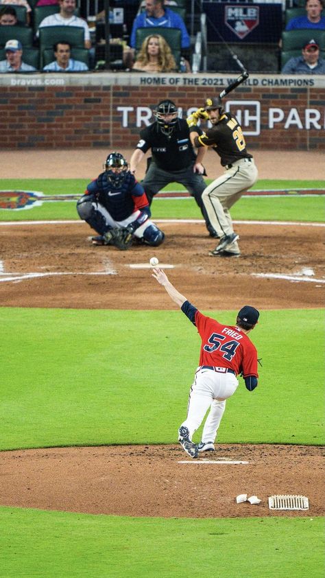 An overhead shot, this photo shows pitcher Max Fried release the pitch towards home plate in a game against the Padres at Truist Park. Atlanta Braves Wallpaper, Mlb Baseball Players, Brave Wallpaper, Hot Baseball Players, Baseball Wallpaper, Baseball Photography, Atlanta Braves Baseball, Phillies Baseball, Vision Board Pictures