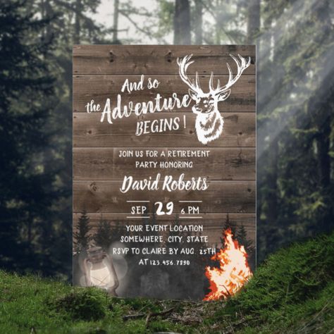 Adventure Bonfire & Lantern Hunting Retirement Invitation - Retirement Party gifts Modern Bold Fonts, Retro Bridal Showers, Retirement Invitation, Retirement Party Gifts, Retirement Invitations, Retirement Party Invitations, Disco Theme, Farewell Parties, Retirement Party