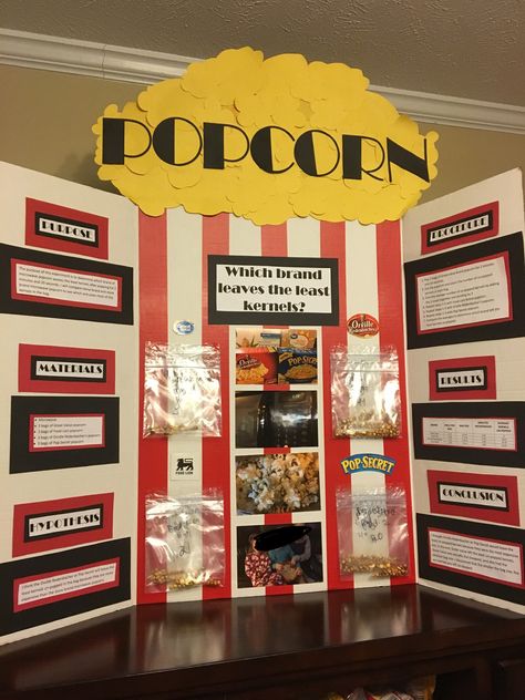 Science fair, popcorn science, fourth grade Science Fair Boards Ideas, Easy Science Fair Ideas, Quick And Easy Science Fair Projects, Science Fair Topics Middle School, Aesthetic Trifold Project, Science Fair Popcorn Project, Science Fair Projects Popcorn, Science Fair Project Ideas For 6th Grade, Cute Science Fair Projects