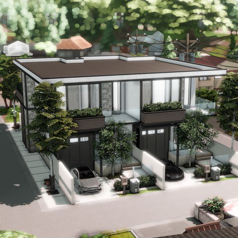 F a r f a l l a ☁️ — Japandi Townhouses, built by FarfallaSims ♡ Move... Sims 4 Modern Townhouse, Korean Houses, Japandi Sims 4, Sims Townhouse, Mt Komorebi Sims 4, Japanese Style House Sims 4, Ts4 Japanese House, Sims 4 Japanese Townhouse, Sims 4 Mt Komorebi Apartment