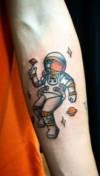 American Traditional Astronaut, Old School Astronaut Tattoo, Astronaut Traditional Tattoo, American Traditional Astronaut Tattoo, Traditional Astronaut Tattoo, Traditional Space Tattoo, Spaceman Tattoo, Astronaut Tattoos, Cool Space Tattoos