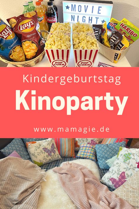 Wärend dem Lockdown  wegen Corona eine Kinoparty, Filmparty oder Übernachtungsparty feiern. Splash Party, Movie Birthday Party, Pyjama Party, Popcorn Party, Movie Birthday, Pajama Party, Movie Night, Chip Bag, Snack Recipes