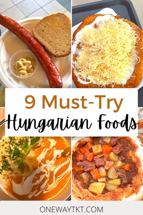 9 Must-Try Hungarian Foods.  Kolbasz, Langos, Paprika Chicken, and Goulash. Hungarian Food Traditional, Hungarian Snacks, Hungarian Recipes Traditional, Hungarian Langos, Hungarian Bread, Hungarian Dumplings, Hungarian Pancakes, Hungarian Sausage, Budapest Food