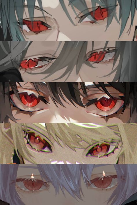 Anime Eyes Reference Color, Look Down Eyes Drawing, Red Eyes Reference, Red Eyes Art Drawing, Red Eye Character, Vampire Eyes Drawing, Eyes Art Reference, Anime Eye Art, One Eyed Character