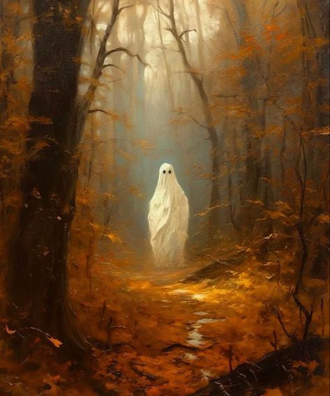 Ghost In Woods Painting, Ghost In Forest Painting, Sheet Ghost Painting, Vintage Ghost Painting, Thrifted Ghost Painting, Thrift Store Ghost Painting, Painting Ideas Ghost, Ghost Landscape, Spooky Paintings