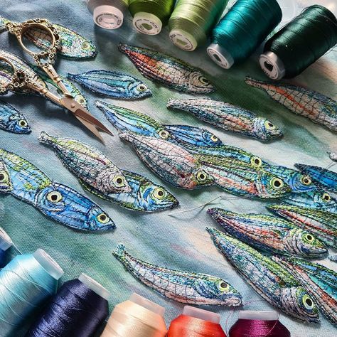 Nicole Lupton Textile Artist on Instagram: “The shoal of Sardines continues, I'm really getting into the flow of embroidering these now, but I've still got plenty more to sew!!! I am…” Sardines Embroidery, Embroidered Fish, Textile Artist, Sewing Embroidery, Sewing Embroidery Designs, Textile Artists, Artist On Instagram, Embroidery Designs, Textiles