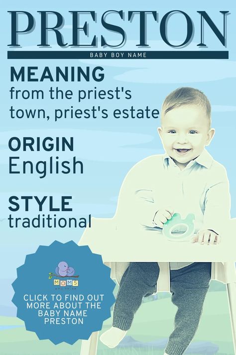 Preston became a popular name in modern times for boys after Brittany Spears used it as a middle name for one of her sons. The name goes back to the Middle Ages of England, however, when it was a surname. Currently, it ranks at number 226 for boys. #boyname #babyname Sutton Name Meaning, Jameson Name Meaning, Justin Name Meaning, Evan Name Meaning, P Baby Names, Easton Name Meaning, Preston Burke, Preston Garvey, Boy Name Meanings