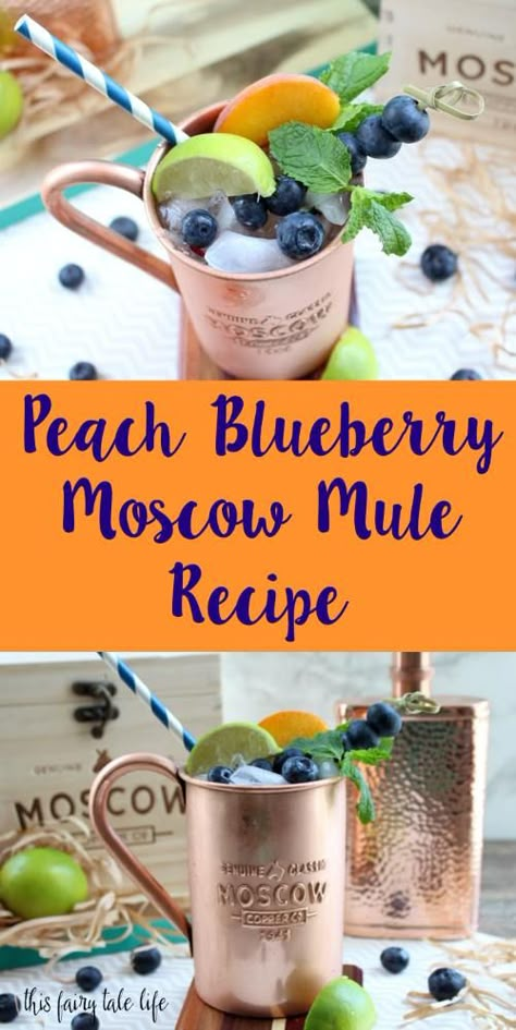 Peach Blueberry Moscow Mule Recipe Peach Mule, Blueberry Moscow Mule, Moscow Mule Drink Recipes, Moscow Mule Recipes, Mule Drink, Moscow Mule Recipe, Moscow Mules, Blame It On The Alcohol, Mule Recipe