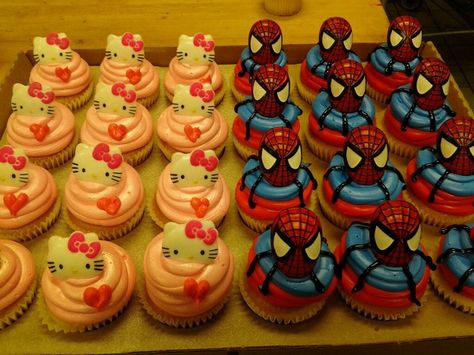 Spider Man And Hello Kitty Birthday Party, Spider Man And Hello Kitty Birthday, Spider Man Hello Kitty Cake, Spiderman And Hello Kitty Birthday Party, Hello Kitty And Spiderman Birthday, Birthday Ideas Hello Kitty, Kitty Y Spiderman, Spider Man And Hello Kitty, Spider Man Hello Kitty