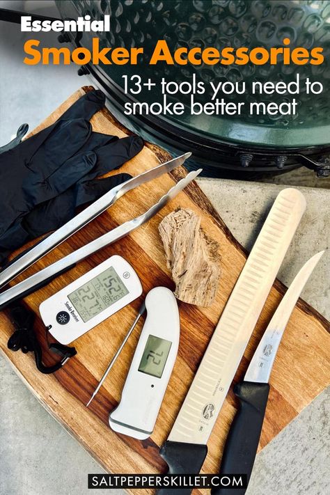 Elevate your smoking game with these 16 essential meat smoking accessories. From thermometers to knives to wood, we've compiled the list of the top smoker accessories that will take your meat to the next level. Healthy Smoker Recipes, Smoker Accessories, Easy Smoker Recipes, Bbq Guys, Traeger Smoker, Barrel Smoker, Smoked Pork Ribs, Lump Charcoal, Smoked Salmon Recipes