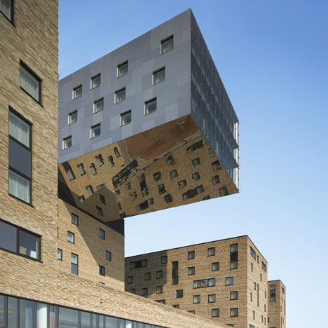 A four-storey block with a mirrored underside juts out from the top of a Berlin hotel, 25 metres above the ground Cube Window, Cantilever Architecture, Berlin Architecture, Berlin Hotel, Hotel Architecture, Architecture Inspiration, Building Facade, Facade Design, Contemporary Architecture