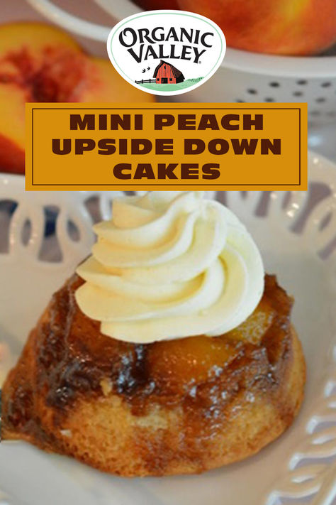 Put a fun summer twist on the classic upside down cake with these mini peach upside down cakes! It's the perfect homemade dessert for your next summer cookout, potluck, or family dinner! Plus, since they're mini, it's easy to serve! Don't forget the homemade cinnamon whipped cream topping! Head to organicvalley.coop to get the recipe. #peachrecipes #peachcobblereasy #summerdessert #dessert #baking #organicvalley Desserts Peach, Baking Friends, Cinnamon Whipped Cream, Upside Down Cakes, Recreational Therapy, Peach Upside Down Cake, Organic Valley, Peach Cobbler Easy, Summer Cookout