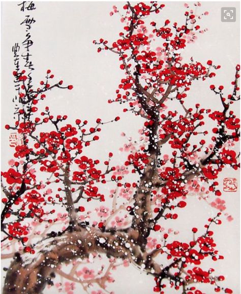 Chinese Cherry Blossom, Cherry Blossom Watercolor, Red Cherry Blossom, Cherry Blossom Painting, Chinese Artwork, Diamond Wallpaper, Cherry Blossom Art, Red Blossoms, Watercolor Pictures