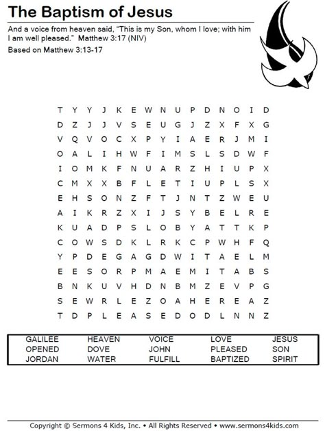 The Baptism of Jesus Word Search | Sermons4Kids Baptism Craft, Christian Craft Ideas, The Baptism Of Jesus, Jesus Baptism, Baptism Of Jesus, Bible Word Searches, Sunday School Projects, Childrens Sermons, Sunday School Kids