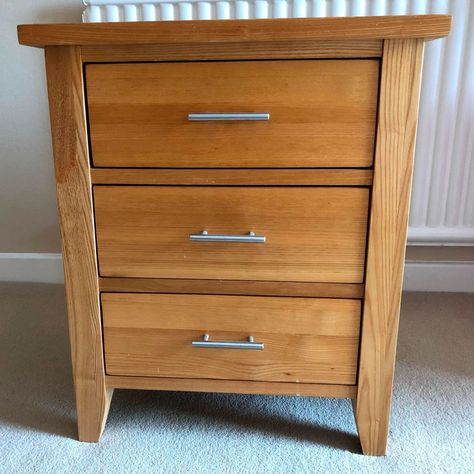 Homeowner upcycles bedside tables with Frenchic paint & gold handles Up Cycle Bedside Table, Cabinets With Gold Handles, 3 Drawer Bedside Table Upcycle, Upcycle Bedside Table, Gold Bedside Cabinet, Pine Bedside Table Upcycle, Black Bedside Table Gold Handle, Bedside Table Makeover, Unusual Bedside Tables