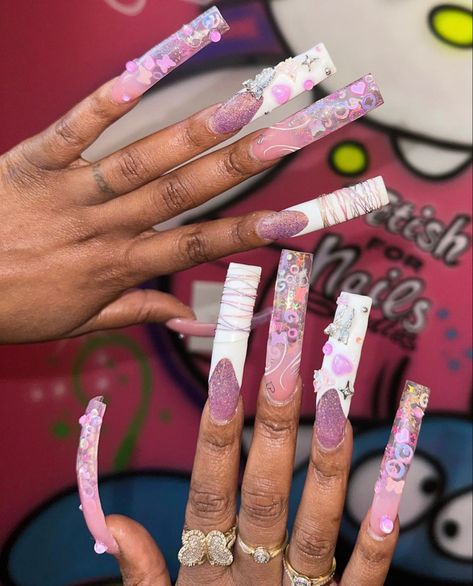 Long Nail Freestyle, Long Square Acrylic Nails Hello Kitty, Extra Long Pink Acrylic Nails, Kawaii Long Acrylic Nails With Charms, Xl Long Acrylic Nails Hello Kitty, Detailed Nails, Curved Nails, Spring Acrylic Nails, Ombre Acrylic Nails